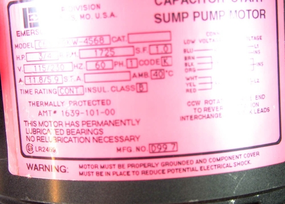 C63CXGKW-4568 Motor de Bomba de Sumidouro EMERSON Capacitor Start 60 Hz 115 V 230 V